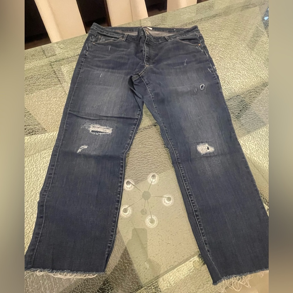 LOFT Women's Dark Blue Cropped Straight-Leg Distressed Jeans